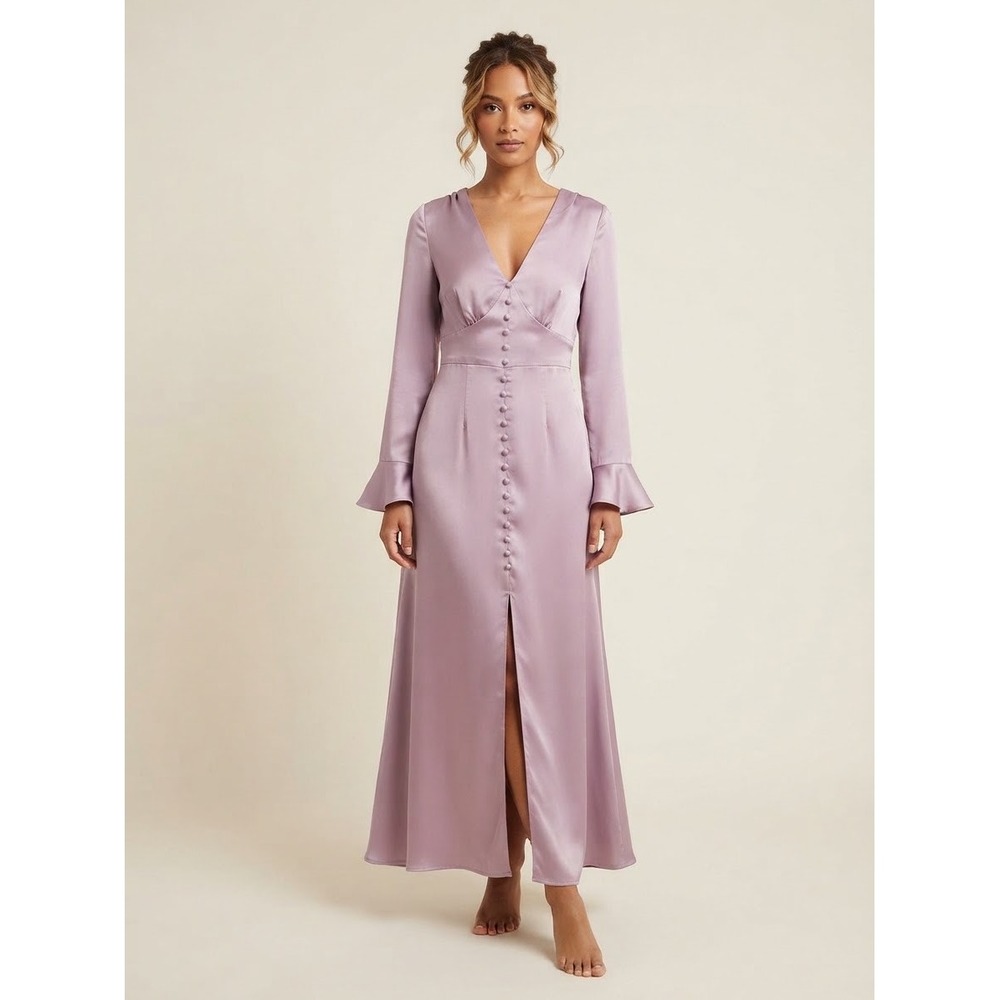 RIHOAS Satin V-Neck Maxi Dress Long Bell Sleeve Button Purple Cottage Retro